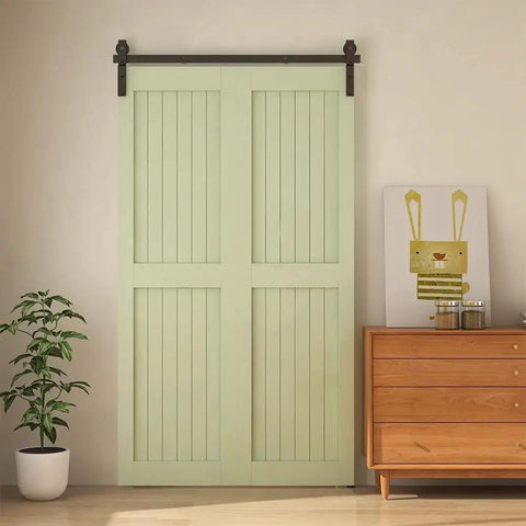 Bi Folding Sliding Barn Door Hardware Kit For Two Doors, shown with mint green doors on a track in a modern hallway setting.
