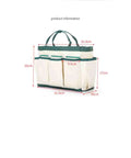 Durable Gardening Tote Bag With Nine Pockets Made From Sturdy Oxford Cloth A Handy Tool Organizer For Outdoor Yard Work Lightweight Easy To Clean And Ready To Grab And Go, white with green accents, side view.
