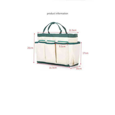 Durable Gardening Tote Bag With Nine Pockets Made From Sturdy Oxford Cloth A Handy Tool Organizer For Outdoor Yard Work Lightweight Easy To Clean And Ready To Grab And Go, white with green accents, side view.