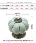 Sky blue ceramic pumpkin knob with dimensions and screw details. 5 Pack Retro Vintage Ceramic Pumpkin Cabinet Knobs Set For Kitchen Cabinets Drawers Dresser Cupboard Pull Handles Includes 3 Kinds Of Screws Sky Blue Enhances Vintage Charm For Furniture With Easy Install And Durable Gloss Finish.