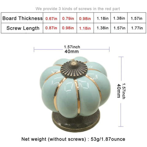 Sky blue ceramic pumpkin knob with dimensions and screw details. 5 Pack Retro Vintage Ceramic Pumpkin Cabinet Knobs Set For Kitchen Cabinets Drawers Dresser Cupboard Pull Handles Includes 3 Kinds Of Screws Sky Blue Enhances Vintage Charm For Furniture With Easy Install And Durable Gloss Finish.