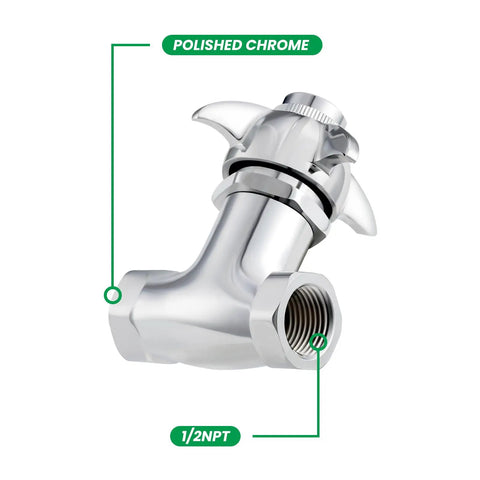 Self Closing Valve With Knob For Easy Operation, Heavy Duty Stop Valve In Polished Chrome Finish, 2 By One Half Inch NPT Female Threads