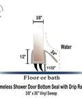 Diagram of Shower Door Bottom Seal With Drip Rail For Three Eighths Inch Thick Glass, 36 Inch Long Sweep, Ultra Clear Polycarbonate, Transparent Seal That Keeps Water In