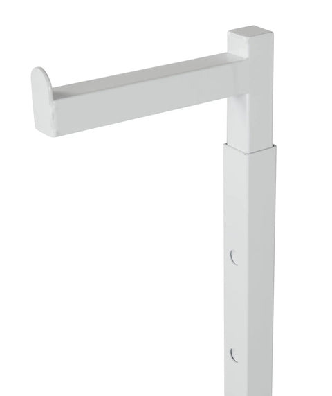 Close-up of adjustable white costume stand with single arm clothes rack for retail display of garments. Height 48 to 72 inches.