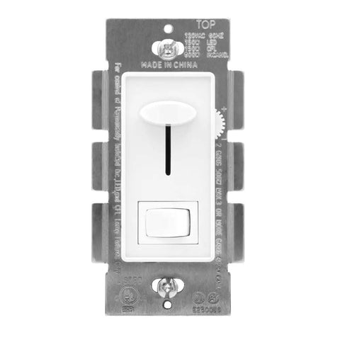Front view of Two Pack White Dimmer Light Switch 3 Way And Single Pole, 600W Incandescent Max, 150W Dimmable LED Compatible, wall plate included.