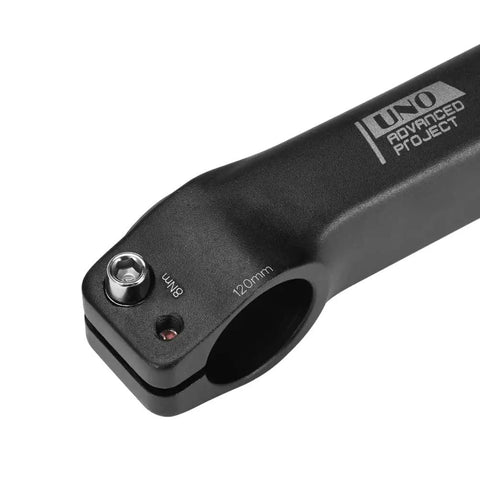 Close-up view of Lightweight 31.8mm Bike Stem 120mm Length Minus Seven Degree Handlebar Rise, black alloy, detailed engraving.