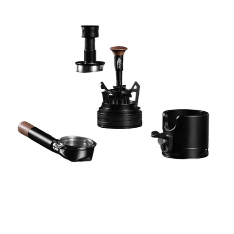 Dope Espresso WDT Tool Featuring Nine Pin Rotary Stirrer, black finish, multiple components for coffee preparation.