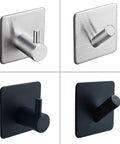 Rock Solid Black Stainless Steel Adhesive Wall Hook For Coats Towels And Umbrellas With No Hassle Peel Stick Mount Zero Drill Setup And Slick Modern Design For Bathrooms And Hallways four different wall hooks displayed from various angles.