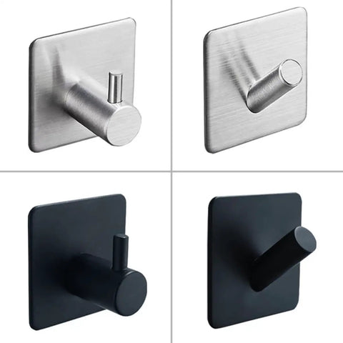 Rock Solid Black Stainless Steel Adhesive Wall Hook For Coats Towels And Umbrellas With No Hassle Peel Stick Mount Zero Drill Setup And Slick Modern Design For Bathrooms And Hallways four different wall hooks displayed from various angles.