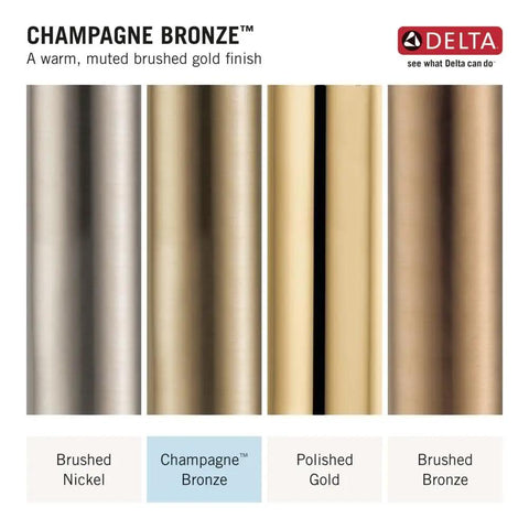 Color finishes including Brushed Nickel, Champagne Bronze Lumicoat, Polished Gold, and Brushed Bronze by Delta