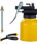 JUNCHI hand pump oil can, 8 oz, yellow body with black pump, long metal spout and coiled hose with yellow nozzle