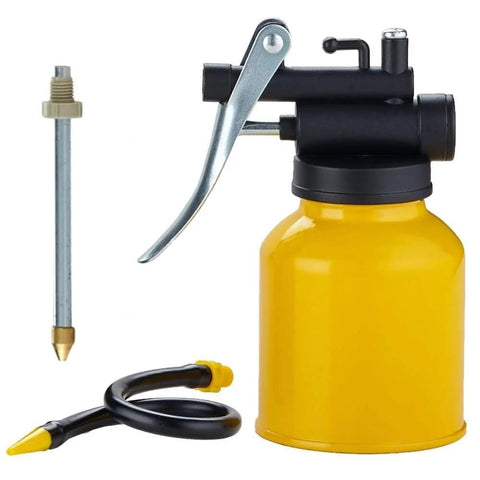JUNCHI hand pump oil can, 8 oz, yellow body with black pump, long metal spout and coiled hose with yellow nozzle