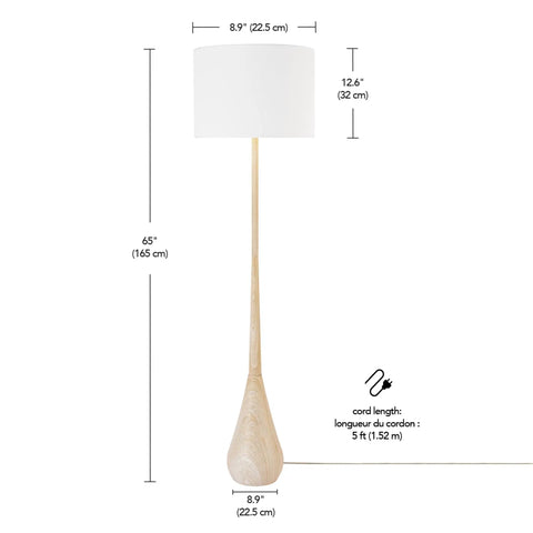 65 Inch Floor Lamp With Wood Toned Finish And White Cotton Shade Japandi Style E26 Base On Off Rotary Switch 5 Ft Cord