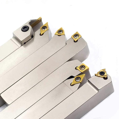Indexable lathe tool holder set, 3/4 inch shank, nickel-plated, 7 pieces with tin-coated carbide inserts