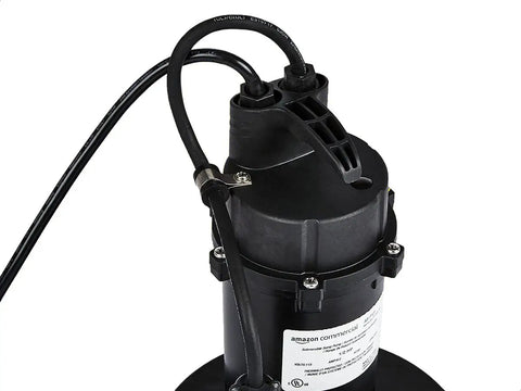Half Horsepower Thermoplastic Submersible Sump Pump With Tethered Float Switch Delivers 72 GPM, black top view close-up