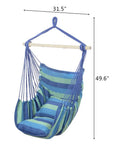 Heavy Duty Hammock Chair Hanging Rope Swing With Steel Spreader Bar For Indoor And Outdoor Relaxation Macrame Seat With Two Cushions Supports Up To 550 Lbs Blue Green Stripe, showing dimensions.