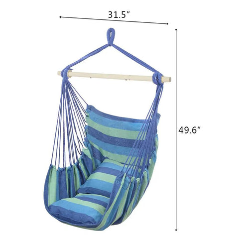 Heavy Duty Hammock Chair Hanging Rope Swing With Steel Spreader Bar For Indoor And Outdoor Relaxation Macrame Seat With Two Cushions Supports Up To 550 Lbs Blue Green Stripe, showing dimensions.