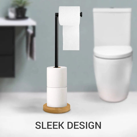 Freestanding Toilet Paper Holder With Storage And Modern Bamboo Base in bathroom, black metal stand, easy access rolls.