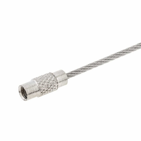 Close-up of a Stainless Steel Wire Key Ring Cable with connector, part of 25 Pack 4.6 Inch Loops, ideal for luggage tags and keys.