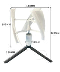 Compact vertical axis Micro Wind Turbine Kit For DIY Projects, Brushless DC Power Generator with triangular base, dimensions labeled.