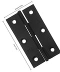 Black butt door hinge with foldable leaves and stainless steel for flat opening cabinet and wooden box doors, shown with measurements.