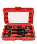 Essential Ten Piece Motorcycle Bearing Puller Extractor Set Featuring Two Jaw Extraction Tools For Wheel Hub Removal Stored In Cool Carry Case open red case with ten black steel extractor pieces