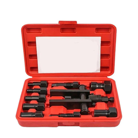 Essential Ten Piece Motorcycle Bearing Puller Extractor Set Featuring Two Jaw Extraction Tools For Wheel Hub Removal Stored In Cool Carry Case open red case with ten black steel extractor pieces