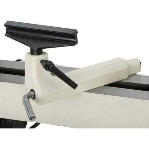 Close-up of the headstock of the Dead Reliable Bench Top Wood Lathe With 12 Inch Swing And 15 Inch Turning Space featuring control handle and sturdy materials.