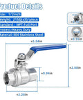 Top Shelf 1/2 Inch Ball Valve 2 Pack Full Port Female Npt Thread Shut Off Valve 304 Stainless Steel detailed view with measurements.