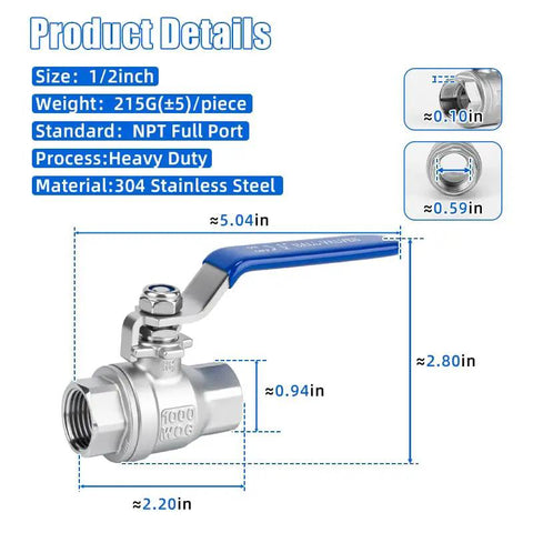Top Shelf 1/2 Inch Ball Valve 2 Pack Full Port Female Npt Thread Shut Off Valve 304 Stainless Steel detailed view with measurements.