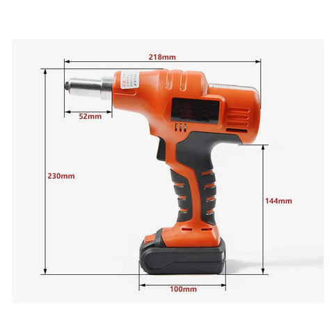14.4V Cordless Rivet Gun With Rechargeable Lithium Battery Portable Electric Pull Riveter Tool, side view with dimensions shown.