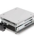 Stainless steel lab lift jack with 6x6 inch top plate, screw-adjusted height, compact scissor-style platform