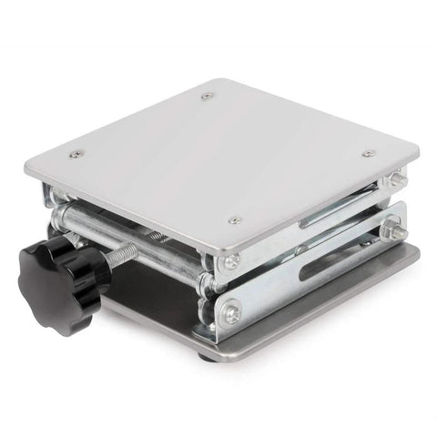 Stainless steel lab lift jack with 6x6 inch top plate, screw-adjusted height, compact scissor-style platform