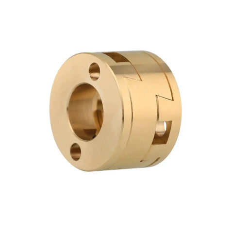 Brass Z-axis Oldham coupling for VzBoT 3D printer, cylindrical close-up with screw holes
