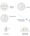 Diagram of 10 Foot Flat Plug Extension Cord With 3 Outlets Power Strip And 2 USB Ports Desk Side Charging Station details.