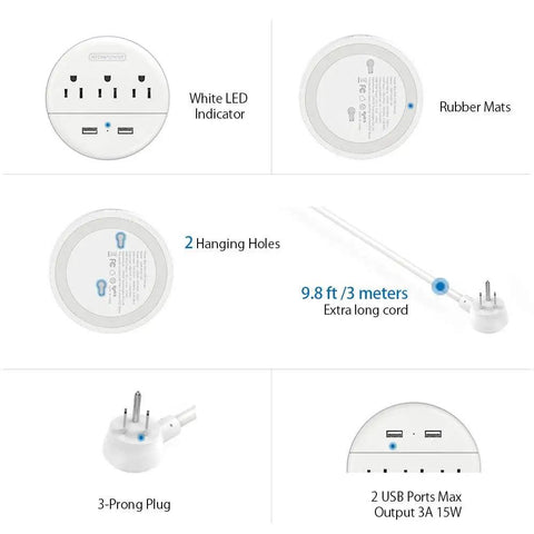 Diagram of 10 Foot Flat Plug Extension Cord With 3 Outlets Power Strip And 2 USB Ports Desk Side Charging Station details.