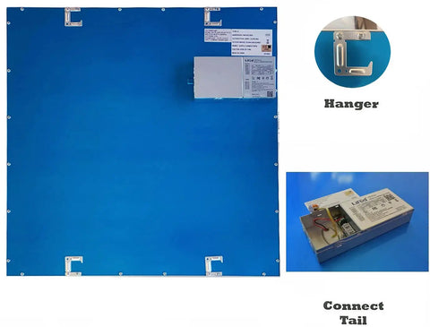 Back view of 2x2 Foot Edge-Lit LED Panel Kit, Dimmable 0-10V, 40W, revealing hanger and connection tail, pack of 2 units.