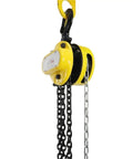 Straight Up Heavy Duty Manual Chain Hoist With 20 Ton Capacity Industrial Rigging Kit featuring yellow pulley block and heavy chains.
