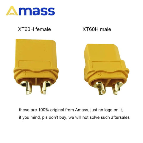 XT60H Bullet Connector Kit 20 Pairs With Snap On Covers Gold Plated for RC Lipo Batteries Drones Airplanes Cars and Vehicles 60 Amp High Current XT60 Connectors Yellow Easy Soldering No Heat Shrink. Image of XT60H male and female connectors.