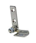 L-shaped stainless steel hinge bracket with mounting holes and pivot bolt.