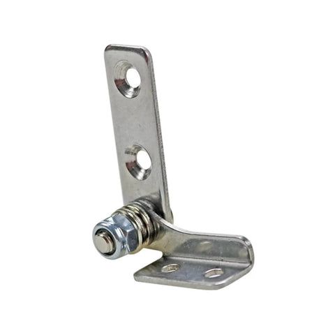 L-shaped stainless steel hinge bracket with mounting holes and pivot bolt.