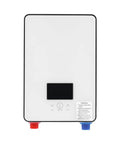 Space Saving Electric Tankless Water Heater With 4500 Watt Element Serving Straight Up Instant Hot Water For Shower Kit Handles Low Pressure Like A Breeze, front view with buttons and colored connectors.