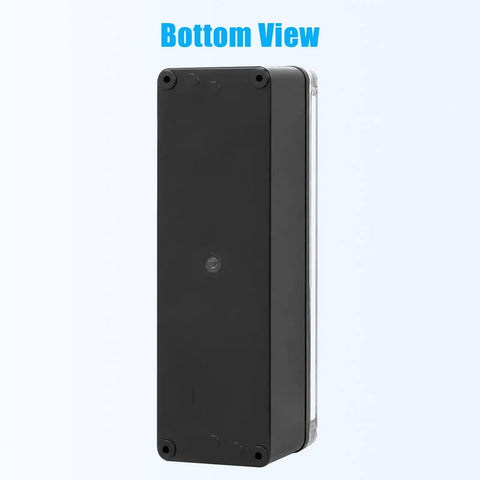 Bottom view of Rugged IP67 Waterproof Junction Box With Clear Top And Drop Dead Tough ABS Shell, size 80x250x70mm.