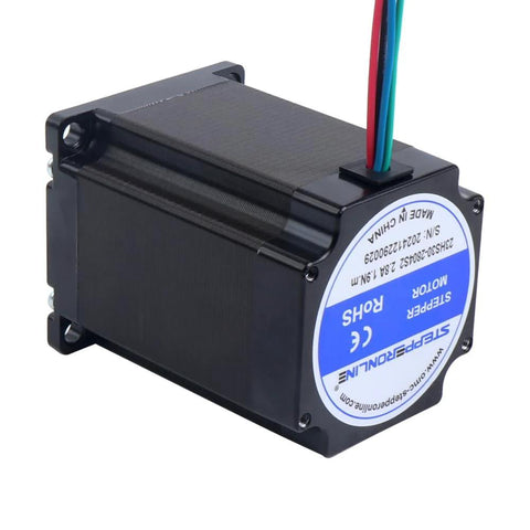 Angled view of StepperOnline NEMA 23 stepper motor, 1.9Nm, 2.8A, 8mm shaft, 57x57x76mm, 4-wire bipolar