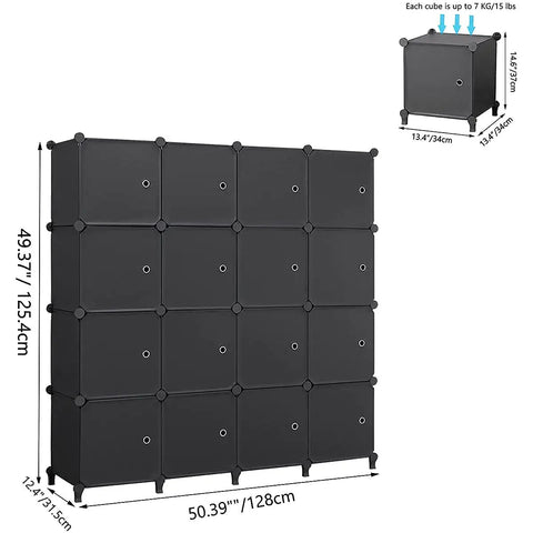 Front view of black 16 Cube Storage Organizer With Doors DIY Modular Book Shelf Cubby System For Living Room, Bedroom, And Office