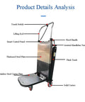 Ultimate Motorized Stair Climbing Cart With Foldable Handle And No Slip Wheels features labeled parts like lifting rod and control panel.