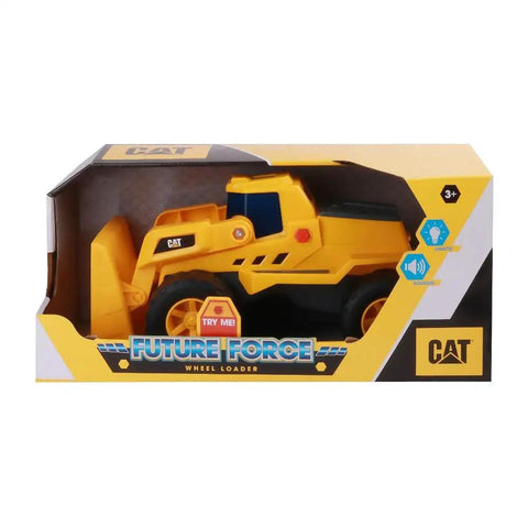 Boxed Future Force Front Loader Toy With Lights And Sounds, Electro Power Audio, yellow construction vehicle for ages 3 plus.