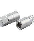Close-up of hexagonal and notch-end sockets from Three Eighths Inch Drive Gearbox Oil Drain Tool Set For M16 H17 S8 S10 Sump Drain Socket Wrench Kit