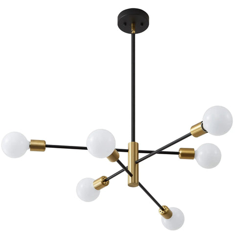 Sputnik Chandelier Pendant Light Black And Gold, Mid Century Modern Industrial E26 Ceiling Fixture with six bulbs, metal rods.