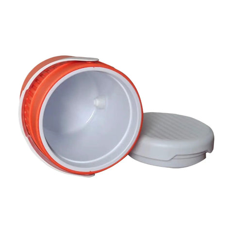 Portable Sports Drink Dispenser With Heavy Insulation Keeps Backyard Faves Stay Frosty All Weekend And Sip Smooth At Tailgates While Hanging Out In Vibrant Orange, showing open lid and inner design.